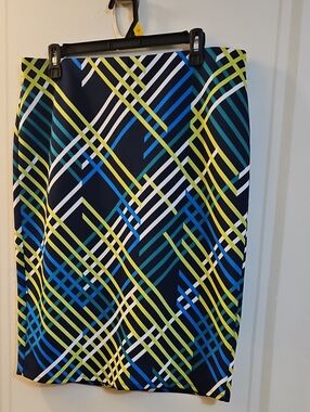New York Clothing Co. Navy Geometric Stripe Pencil Skirt - Multicolor,Large